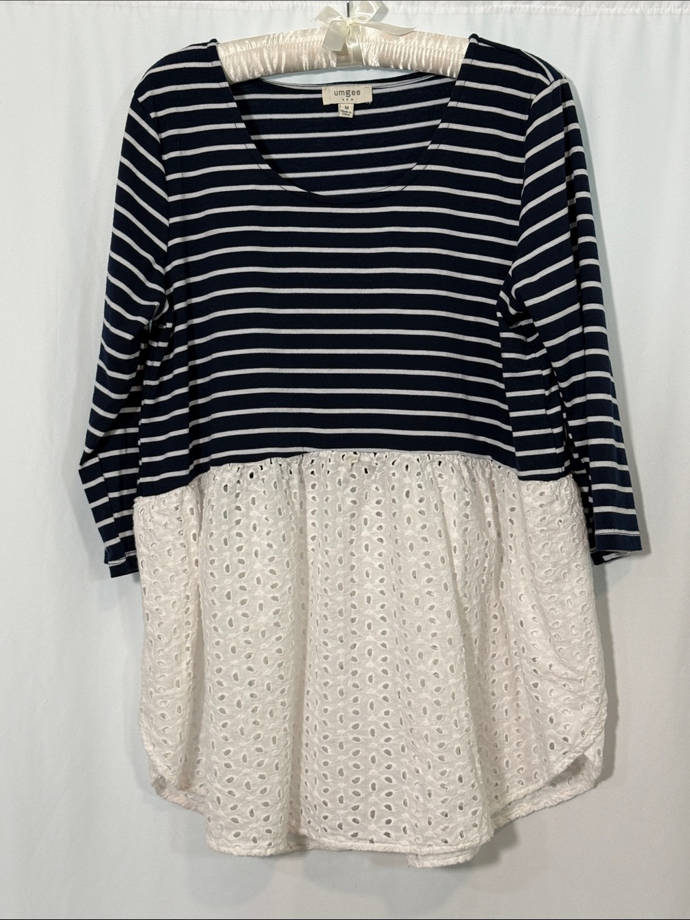 Umgee Navy and White Striped Tunic Top with Eyelet Trim